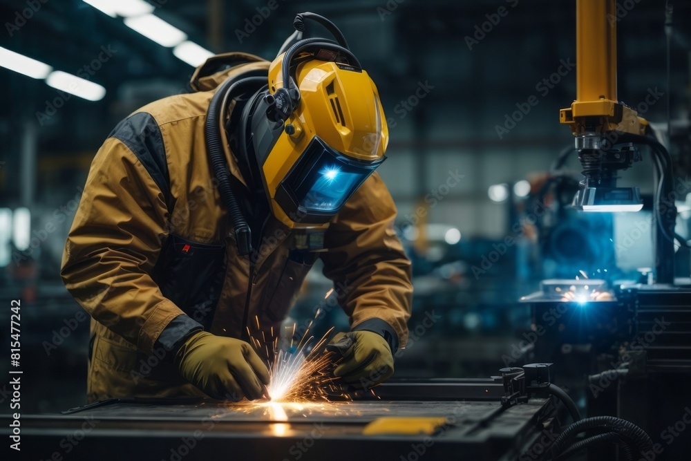 Machine engineer welding with automated welding robotics in industrial automotive manufacturing factory Machine engineer welding with automated welding robotics in industrial automotive manufacturing factory