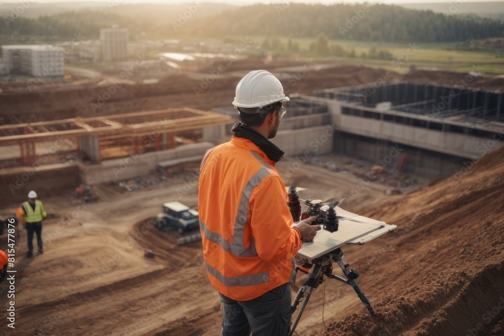 Male engineer operating flying drone for construction building site survey Male engineer operating flying drone for construction building site survey