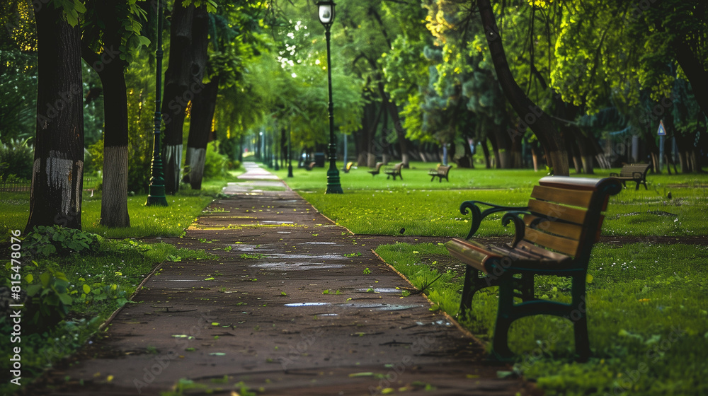 Beautiful green park with path of walking or jogging and bench, Peaceful relaxation concept Beautiful green park with path of walking or jogging and bench, Peaceful relaxation concept