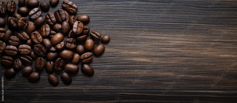 A top view of a coffee bean resting on a black wooden floor with a background suitable for adding text. Creative banner. Copyspace image A top view of a coffee bean resting on a black wooden floor with a background suitable for adding text. Creative banner. Copyspace image