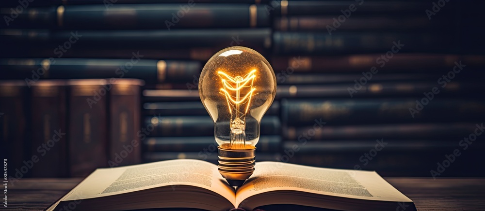 On a vintage dark background an image depicts a light bulb and a ...