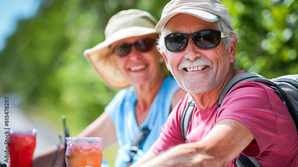 A man and woman relax on a road, holding drinks in their hands A man and woman relax on a road, holding drinks in their hands