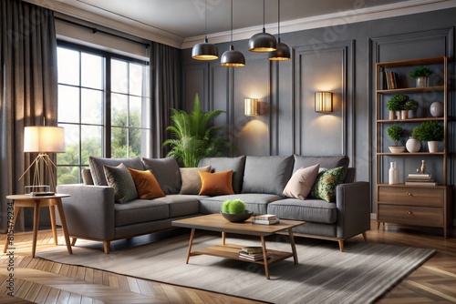 living room rendering with sofa and table, living room wall background, living room background, interior background, cozy living room background, interior design background, gray and dark atmosphere,  © Bounpaseuth