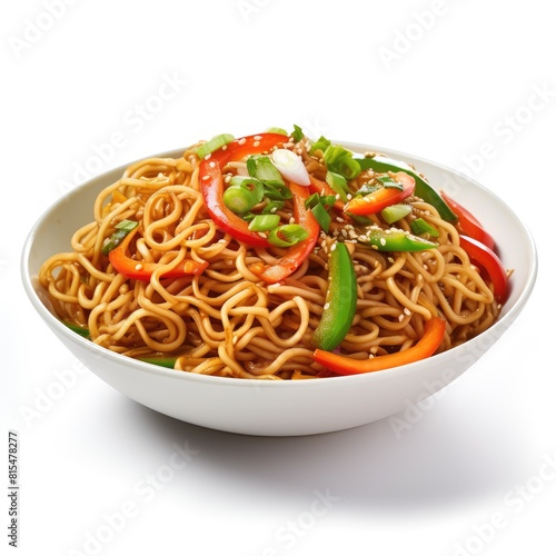 Veg hakka noodles in bowl isolated on white background
