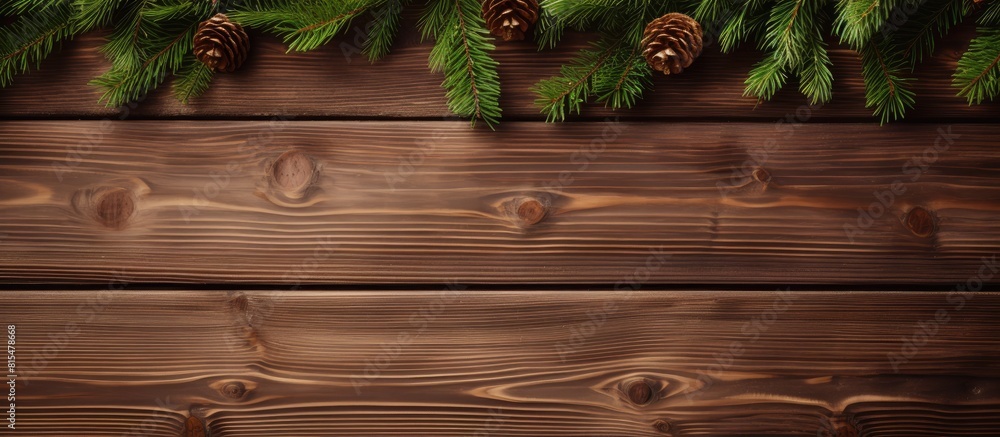 A top down view of a Christmas wooden background with copy space image featuring fir branches Perfect for creating New Year templates advertising layouts and festive greeting cards A top down view of a Christmas wooden background with copy space image featuring fir branches Perfect for creating New Year templates advertising layouts and festive greeting cards