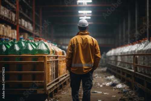 Cleaning workers at the plastic bottle waste warehouse location in the recycling industry
