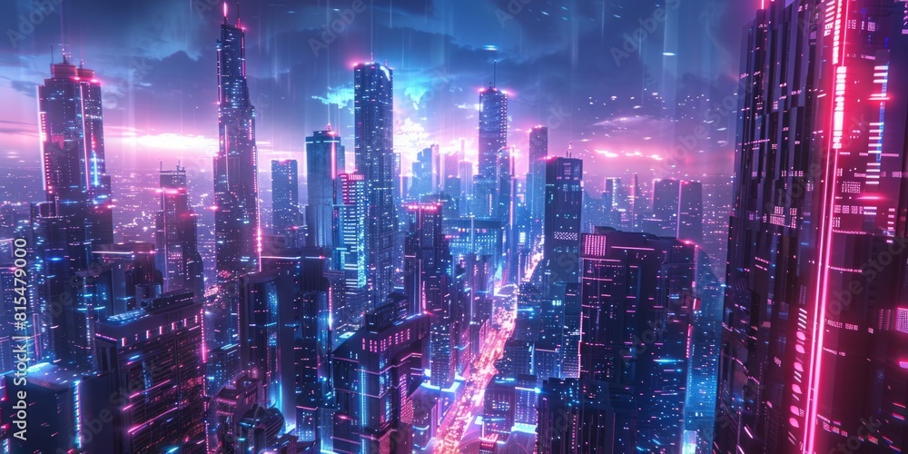 Sci-fi Metropolis with Blue and Pink Neon lights. Sci-fi Metropolis with Blue and Pink Neon lights.