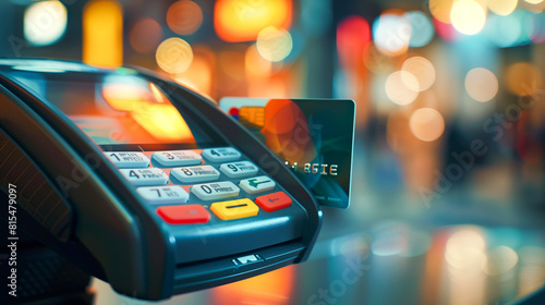 A point of sale machine displaying a transaction screen with a credit card inserted into it, ready for payment photo