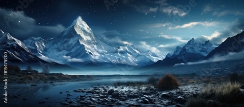 Fantasy landscape with mountains, moon and stars