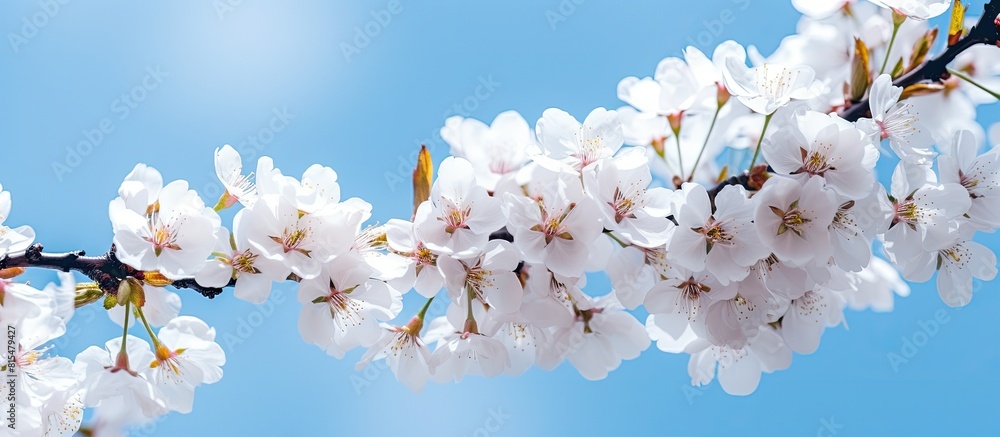Close up of flowering almond tree with white blossoms on the branches against a blue sky background Perfect copy space image for springtime Close up of flowering almond tree with white blossoms on the branches against a blue sky background Perfect copy space image for springtime