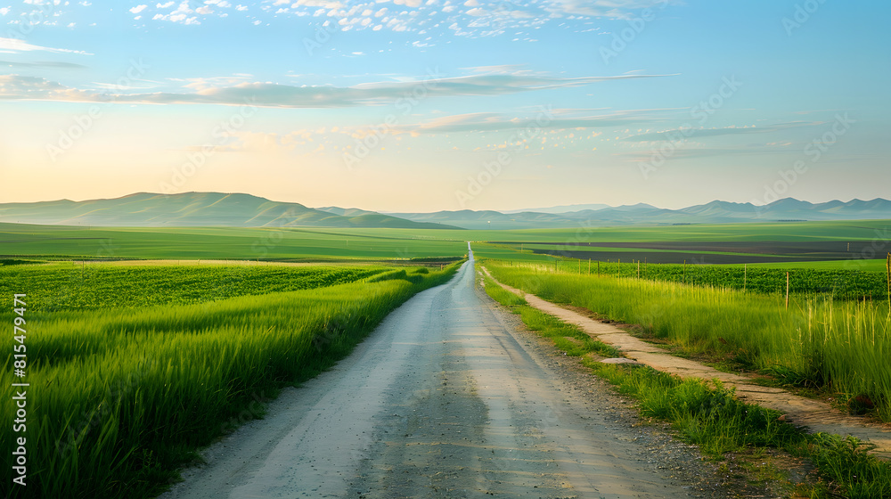Straight country road and green farmland natural scenery at sunrise in Xinjiang China : Generative AI