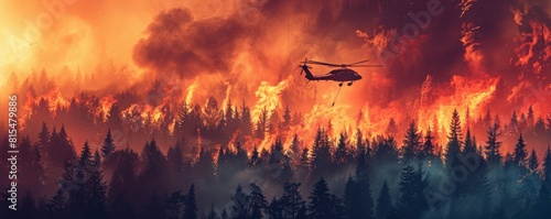 Helicopter fighting forest fire in nature. The burning flames are engulfing the trees