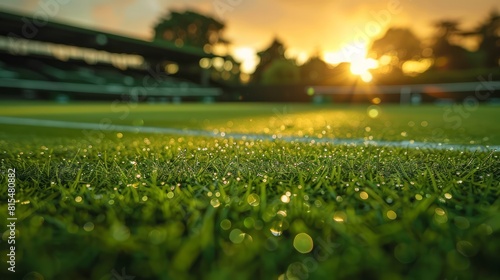 A close-up view captures the flawless surface of the grass in an exciting tennis club match.