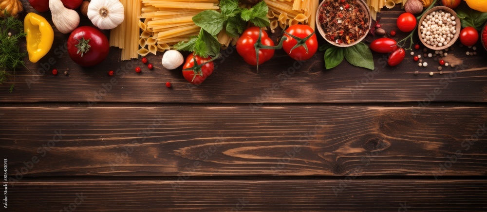 Wooden board with a top down view of vegetables scissors made of wood and pasta as ingredients Ideal for a copy space image Wooden board with a top down view of vegetables scissors made of wood and pasta as ingredients Ideal for a copy space image