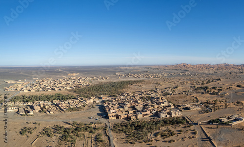 Aerial view of Merzouga, Morocco.  The town is gateway to camel trekking and Sahara camping activities.