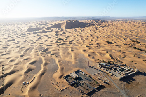 Aerial view of Merzouga, Morocco.  The town is gateway to camel trekking and Sahara camping activities.