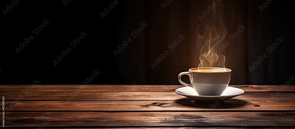 A cup of coffee is placed on a wooden table against a dark background leaving room for additional images or text A cup of coffee is placed on a wooden table against a dark background leaving room for additional images or text