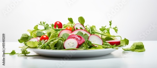 A plate holds an assortment of arugula radish and cucumber providing a colorful display of chopped fresh and nutritious salad ingredients The copy space image showcases a healthy dietary choice