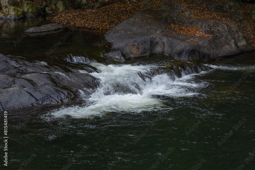 Naklejka premium A small waterfall or cascade flowing over the edge of granite rocks into a pool that is a popular swimming hole for tourists and locals at Crystal Cascades in Cairns in tropical Queensland, Australia.