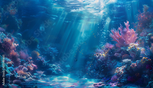 Underwater sea scene with blue sunlight  portraying the beauty and tranquility of the marine environment. Suitable for marine biology and underwater photography.
