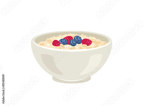 Oatmeal porridge with berries in bowl isolated on white background. Vector cartoon flat illustration of healthy food.