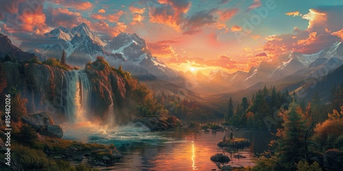 Majestic Waterfall and Mountain Landscape at Sunset