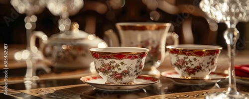 Closeup antique Chinese tea cups and crystal wine glasses  at home