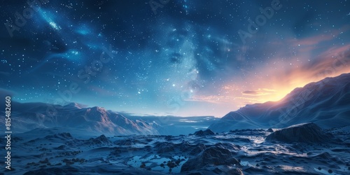 Rocky Terrain with Aurora Lights. Blue Sky Wallpaper with copy-space.