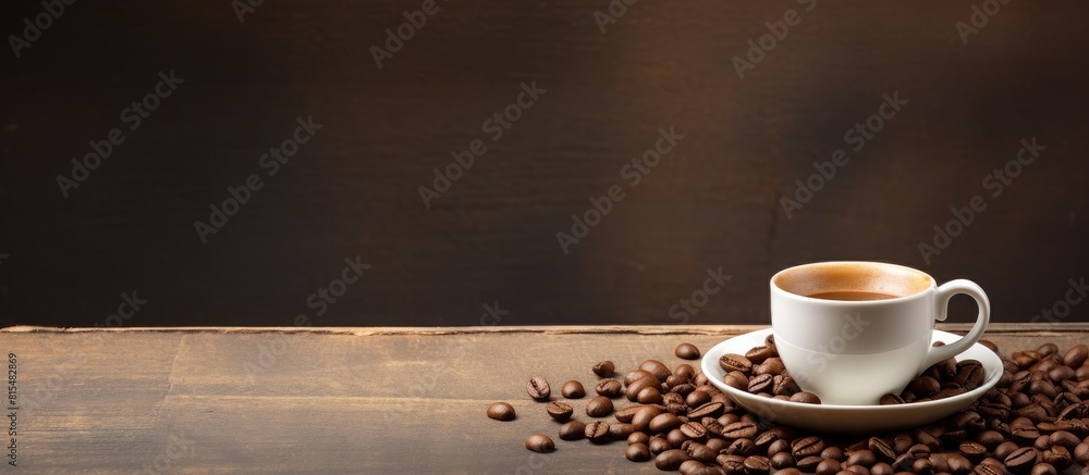 Obraz premium The table displays a coffee cup and coffee beans leaving an empty space for additional images