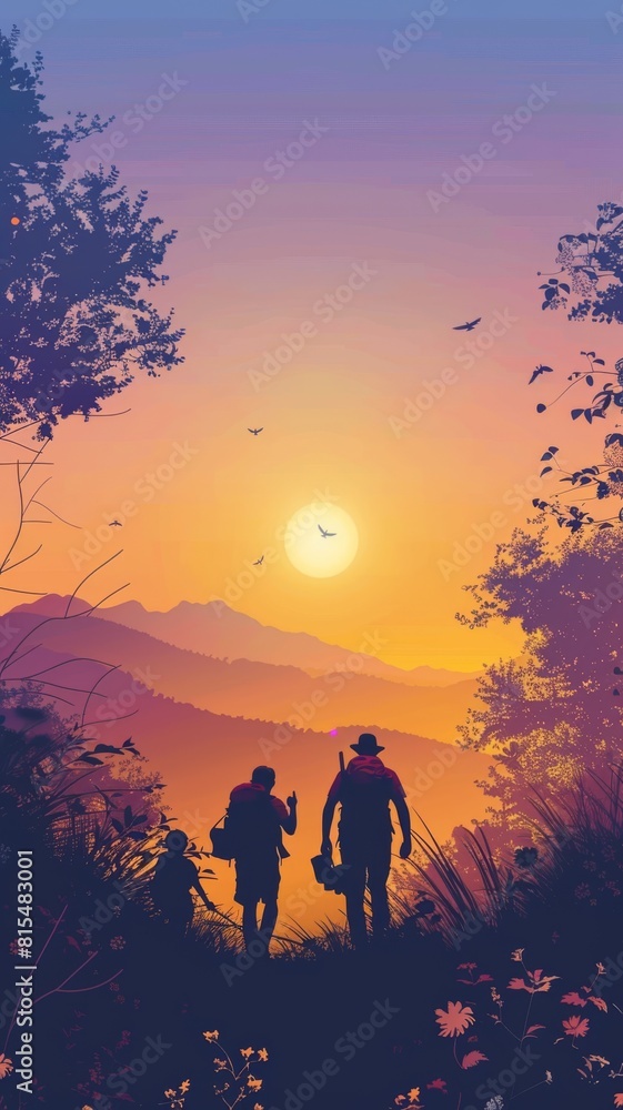 A captivating vector illustration of friends embarking on a nature walk during sunrise, highlighting the beauty of the landscape and the spirit of adventure.