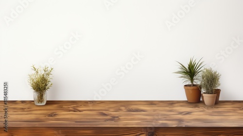 Wooden table over plain wall background