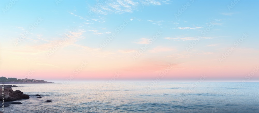 Picturesque coastline with a serene ambiance at dawn featuring an empty expanse and ample copy space image Picturesque coastline with a serene ambiance at dawn featuring an empty expanse and ample copy space image
