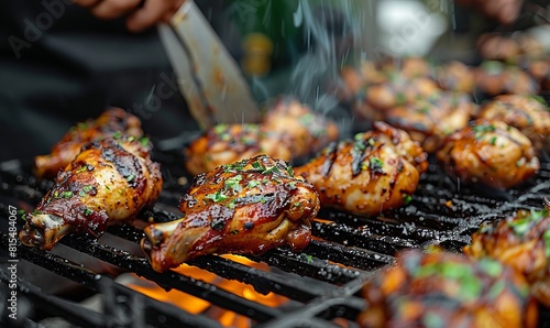 team of cooks grilling jerk chicken drumsticks