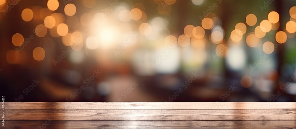 Coffee shop blur background with bokeh and an empty wooden table providing copy space for images Coffee shop blur background with bokeh and an empty wooden table providing copy space for images