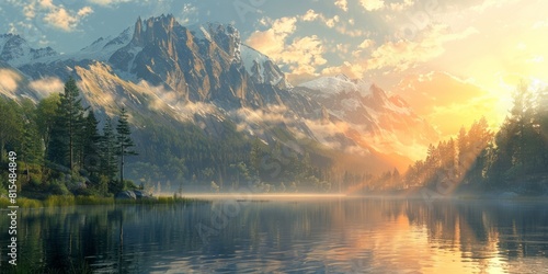 A mountain at a calm lake at morning
