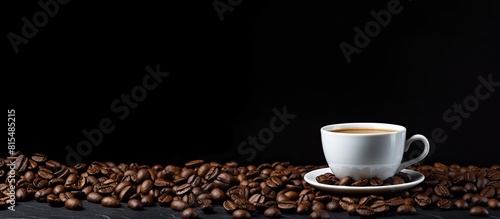 A copy space image of a white coffee cup placed on a dark background alongside scattered coffee beans