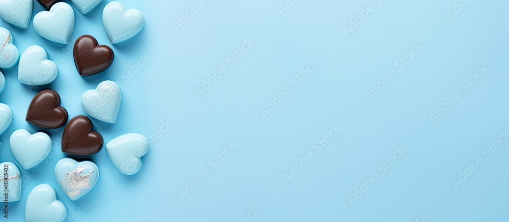 Pastel azure background with a heart shaped arrangement of blue sweet chocolates Flat lay top view Perfect for expressing love on occasions like Valentine s Day Mother s Day or a birthday card with c Pastel azure background with a heart shaped arrangement of blue sweet chocolates Flat lay top view Perfect for expressing love on occasions like Valentine s Day Mother s Day or a birthday card with c