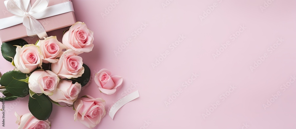 A top down view of a cluster of pink roses a white gift box a notebook and a vintage ribbon on a pink backdrop This setup is perfect for mother s day Valentine s day or a wedding event There s ample A top down view of a cluster of pink roses a white gift box a notebook and a vintage ribbon on a pink backdrop This setup is perfect for mother s day Valentine s day or a wedding event There s ample