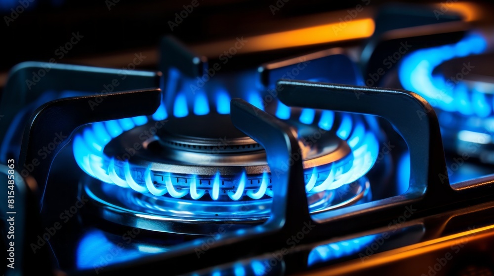 Detail view on gas cooker with blue flame on while cooking in the kitchen interior Detail view on gas cooker with blue flame on while cooking in the kitchen interior