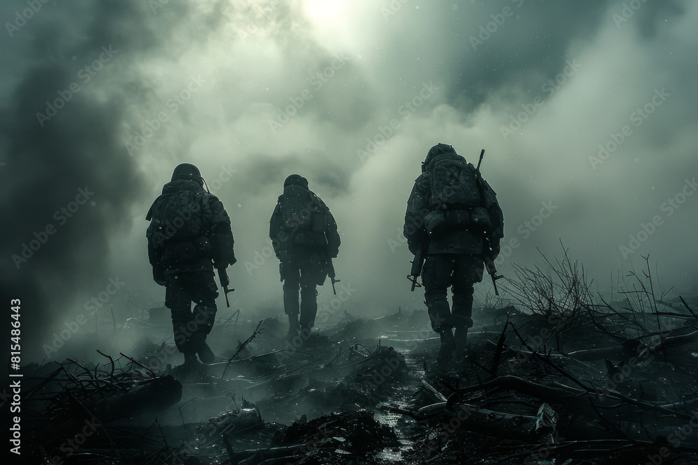 Three soldiers navigate through a haze of smoke and debris in a war-torn conflict zone, determination and unity Three soldiers navigate through a haze of smoke and debris in a war-torn conflict zone, determination and unity