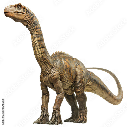 A dinosaur stands tall and proud  its long neck stretching up towards the sky. Its body is covered in a coat of brown and yellow scales.