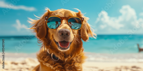 funny dog in sunglasses on the beach, ai © Alona