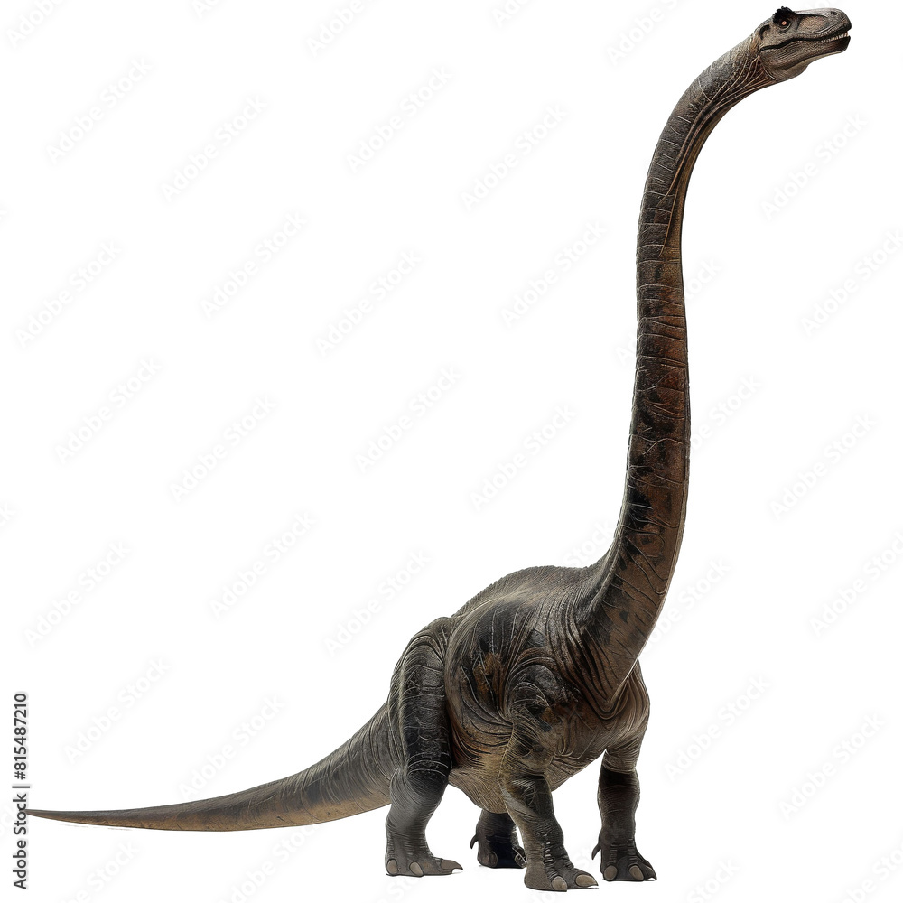 Fototapeta premium A dinosaur with a long neck and a small head stands on all fours. Its skin is a mottled brown color, and its eyes are yellow. The background is a dark, rocky landscape.