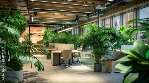 A modern co-working space filled with green plants, ergonomic furniture, and state-of-the-art technology for creative professionals. 32k, full ultra hd, high resolution
