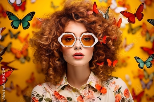 Wallpaper Mural Female portrait with butterflies in her head. Creative background with stylish woman. Fashion portrait. Summer style Torontodigital.ca