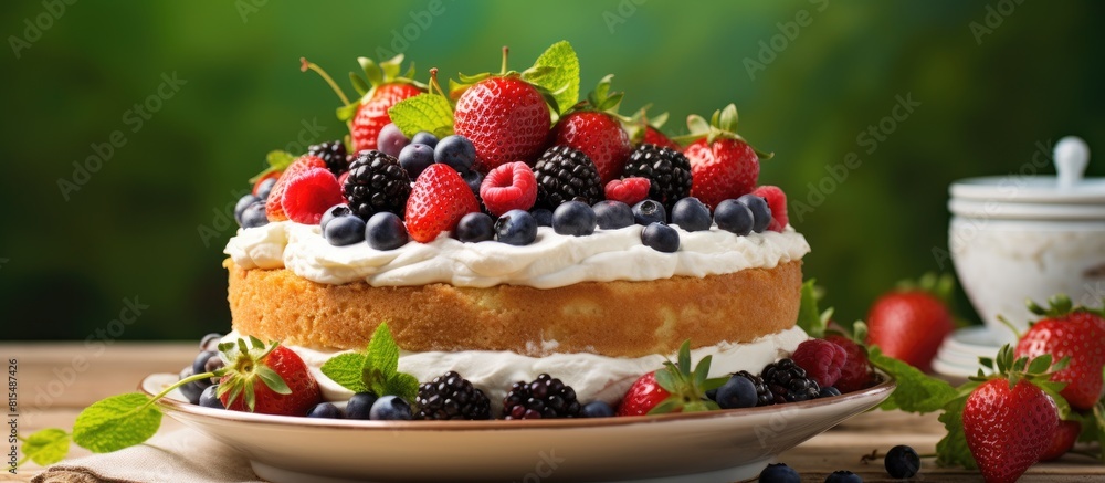 A summertime cake with layers of homemade vanilla cake topped with whipped cream and fresh berries Perfect for a copy space image A summertime cake with layers of homemade vanilla cake topped with whipped cream and fresh berries Perfect for a copy space image