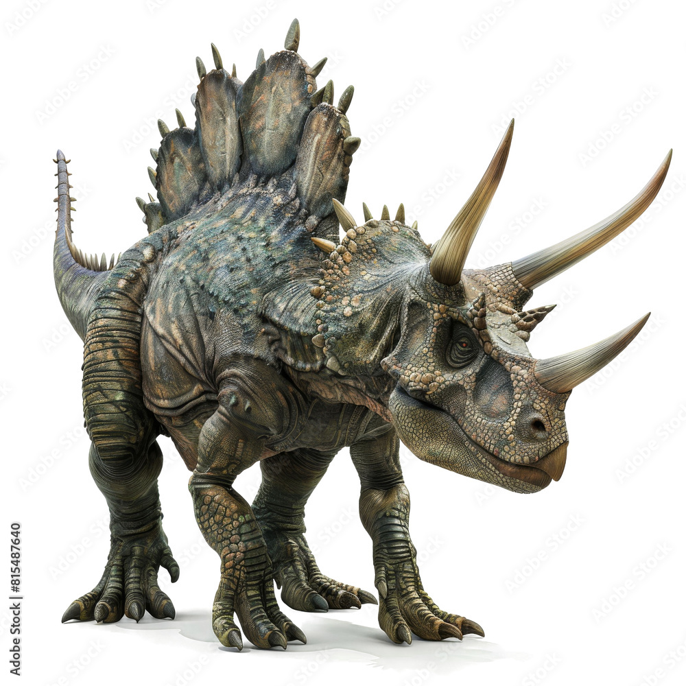 Fototapeta premium A grey dinosaur with three horns on its head and a large frill on its back.
