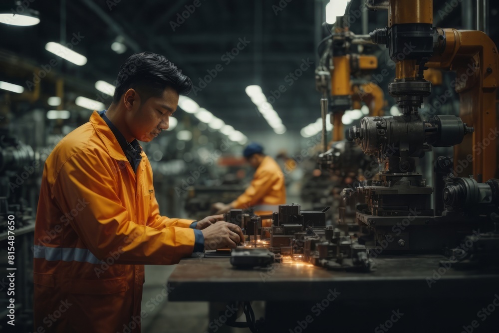 Male engineer working in industrial machinery factory Male engineer working in industrial machinery factory