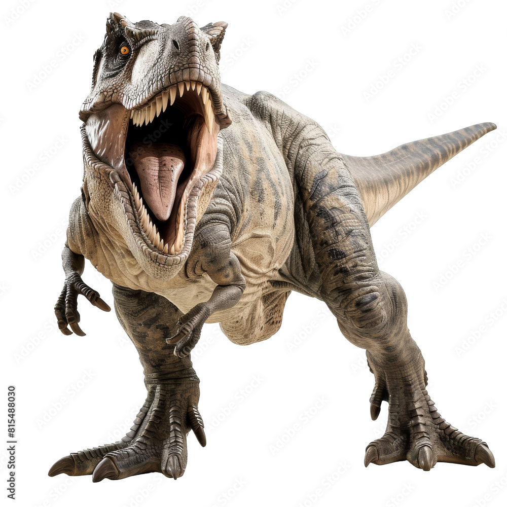 Fototapeta premium A large, realistic dinosaur with its mouth wide open and teeth bared