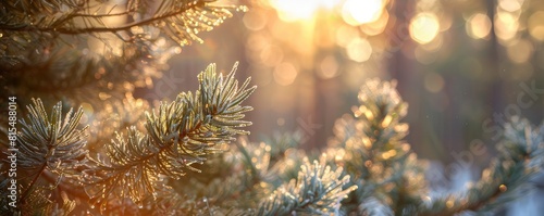 pine branches with needles covered in frost, backlit by a warm golden sunrise. photo